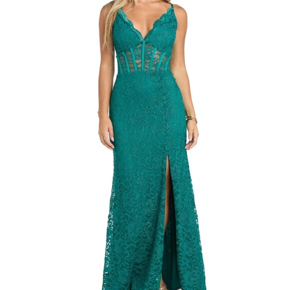 Morgan & Company Glitter Scallop Lace Corset Gown – Emerald Green NWT Size 3 - Picture 2 of 6